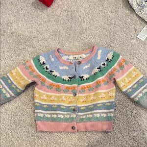 Mini Boden Blue and Pink fair isle sweater with Whimsical Patterns